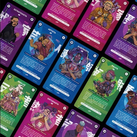 Uma imagem promocional do baralho B.akka de arqutipos. A imagem mostra vrias cartas, rosas, azuis, verdes e roxas, com um desenho vibrante de uma pessoa em cada uma, e bastante texto escrito em branco embaixo.